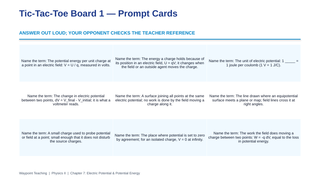 Electric Potential Tic-Tac-Toe Review Game sample page