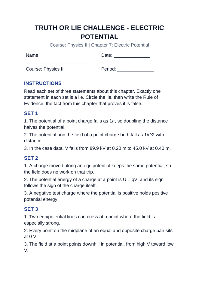 Electric Potential Truth or Lie Challenge sample page