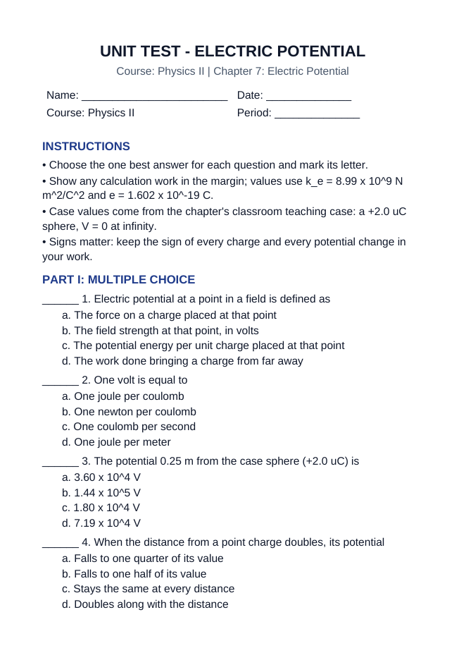 Electric Potential Unit Test sample page