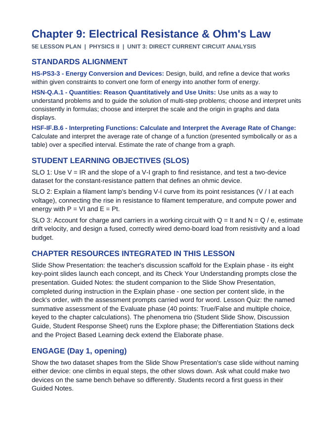 Electrical Resistance & Ohm's Law 5E Lesson Plan sample page
