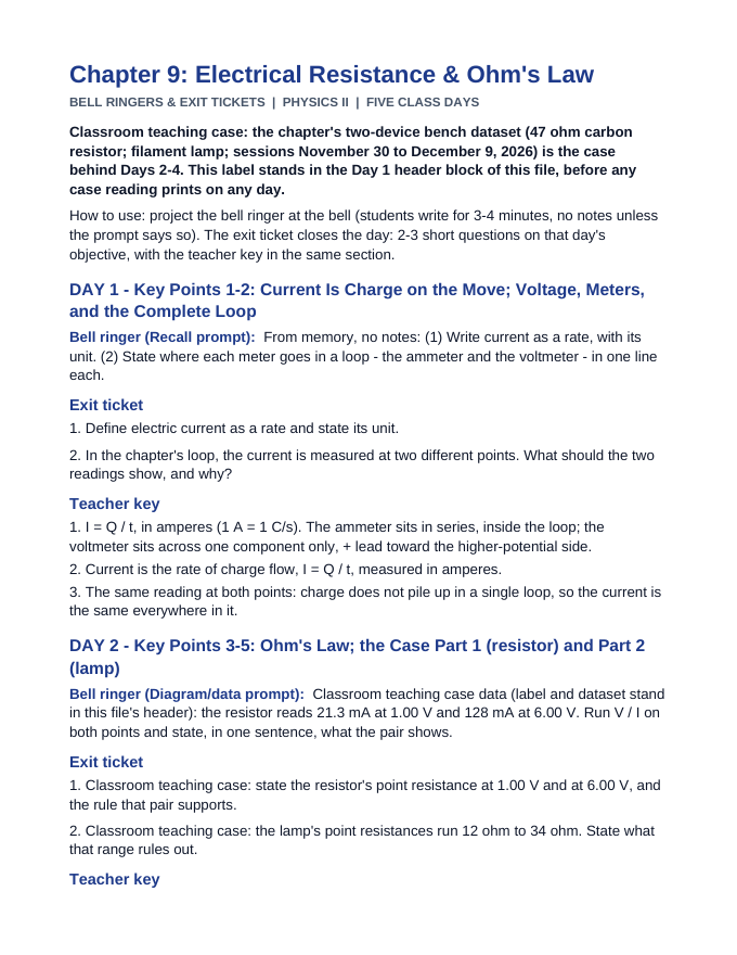 Electrical Resistance & Ohm's Law Bell Ringers & Exit Tickets sample page