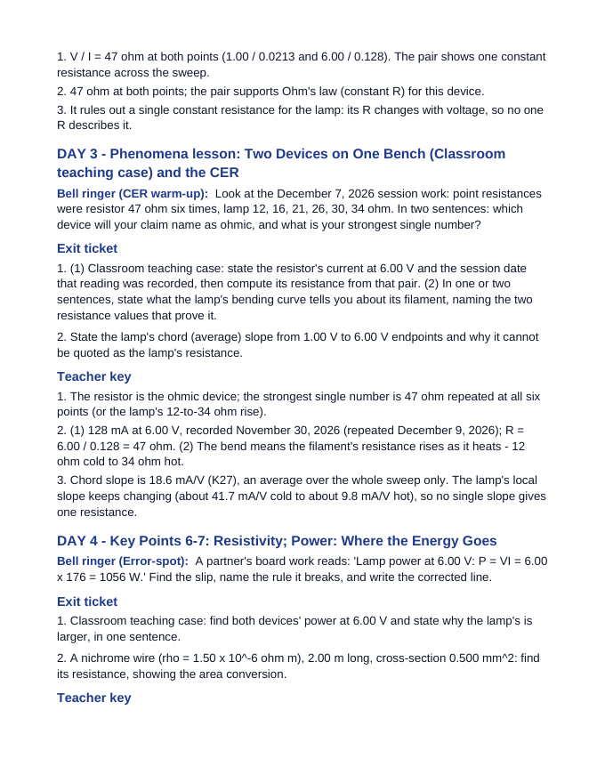 Electrical Resistance & Ohm's Law Bell Ringers & Exit Tickets sample page