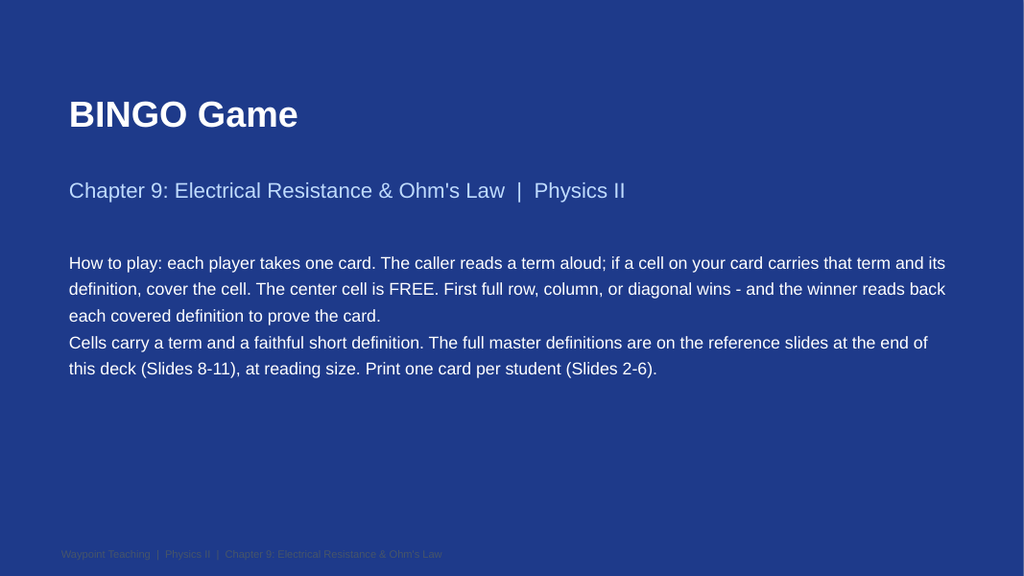 Electrical Resistance & Ohm's Law BINGO Review Game sample page