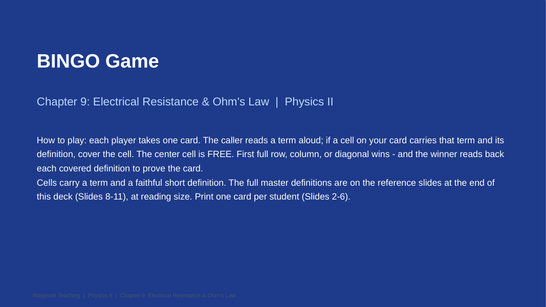 Electrical Resistance & Ohm's Law BINGO Review Game sample page