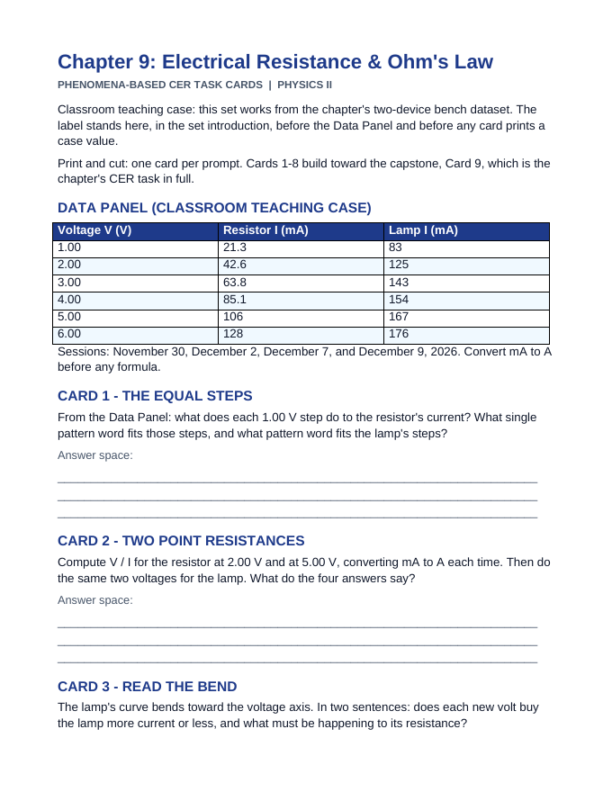Electrical Resistance & Ohm's Law CER Task Cards sample page