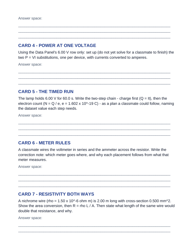 Electrical Resistance & Ohm's Law CER Task Cards sample page