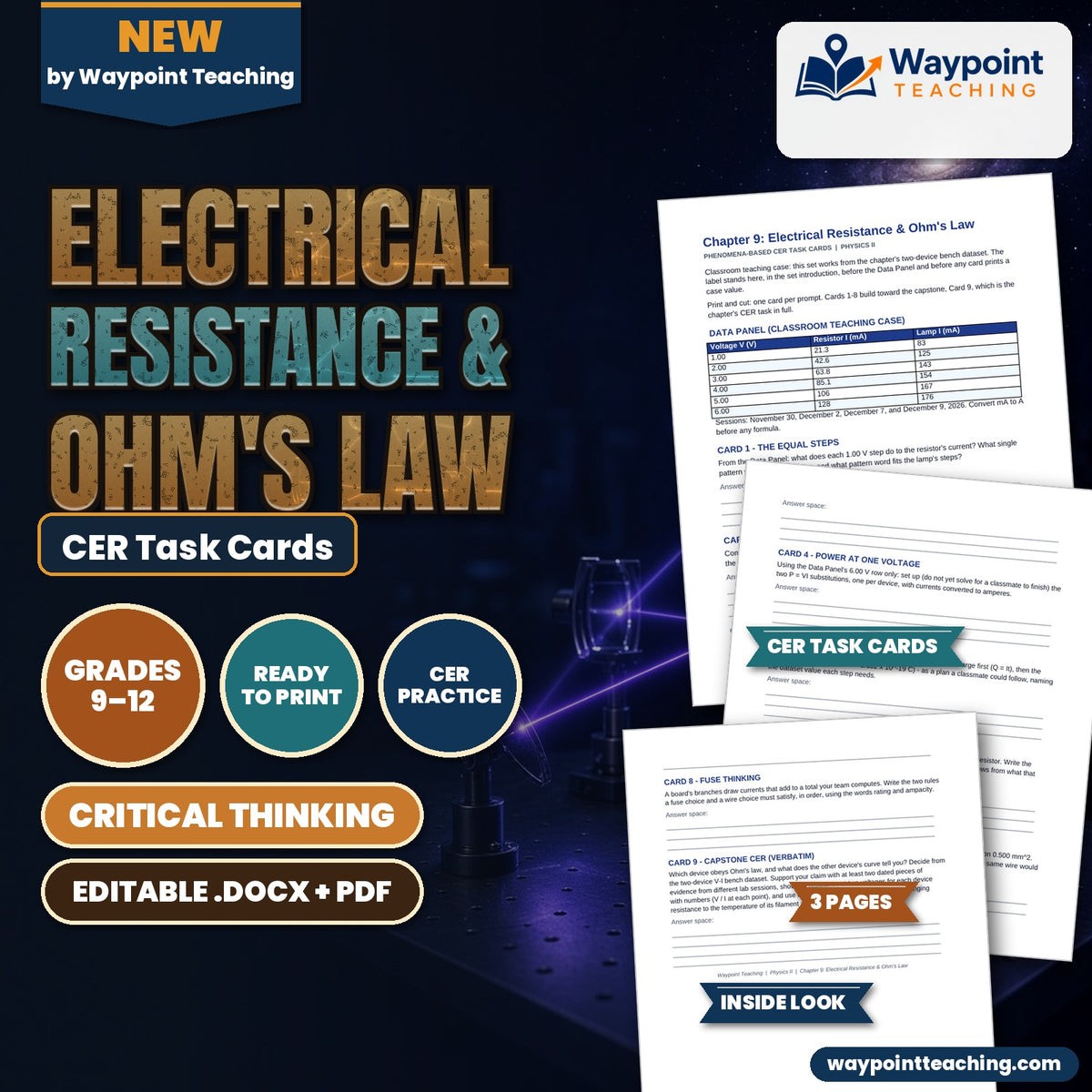 Electrical Resistance & Ohm's Law CER Task Cards cover