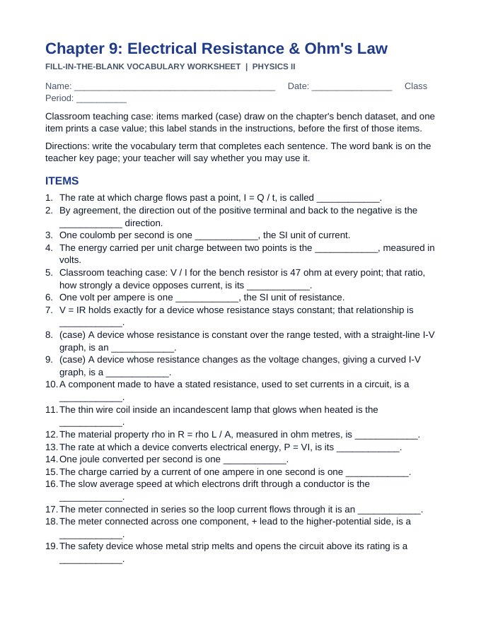 Electrical Resistance & Ohm's Law Fill-in-the-Blank Vocabulary Worksheet sample page