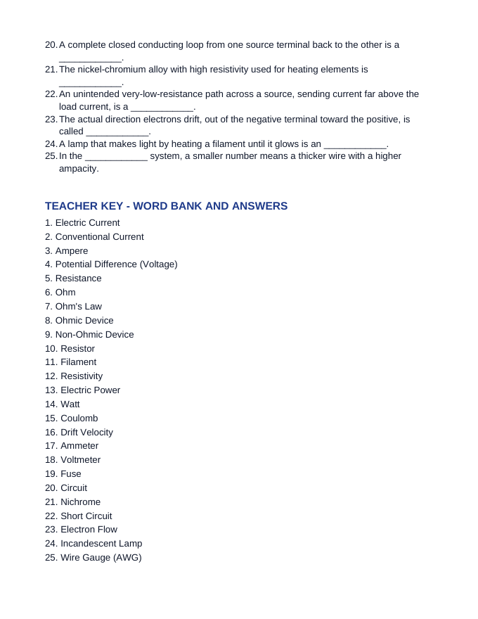 Electrical Resistance & Ohm's Law Fill-in-the-Blank Vocabulary Worksheet sample page