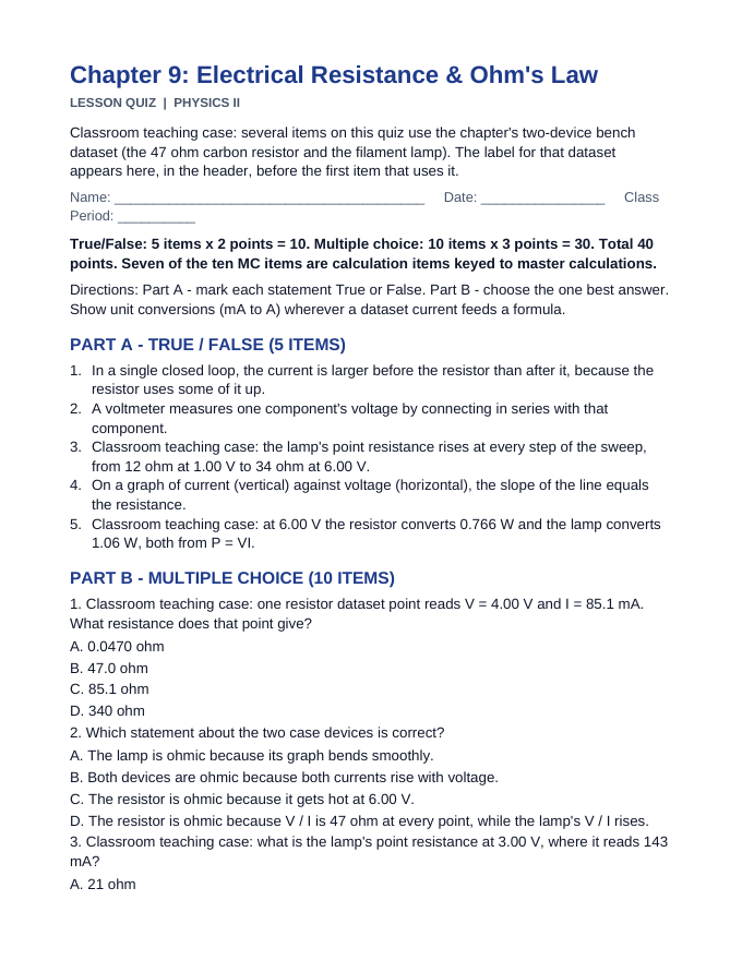 Electrical Resistance & Ohm's Law Lesson Quiz sample page