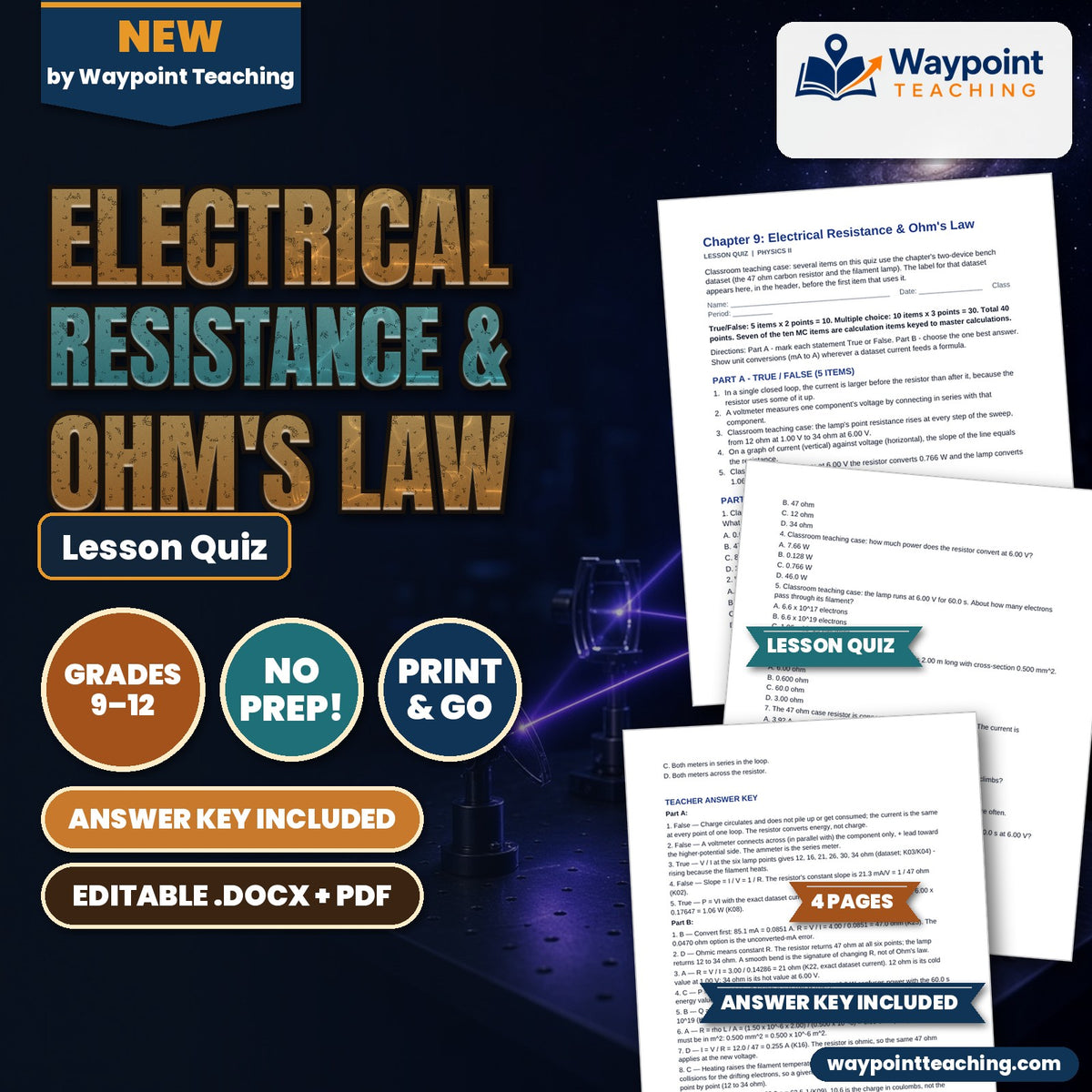 Electrical Resistance & Ohm's Law Lesson Quiz cover