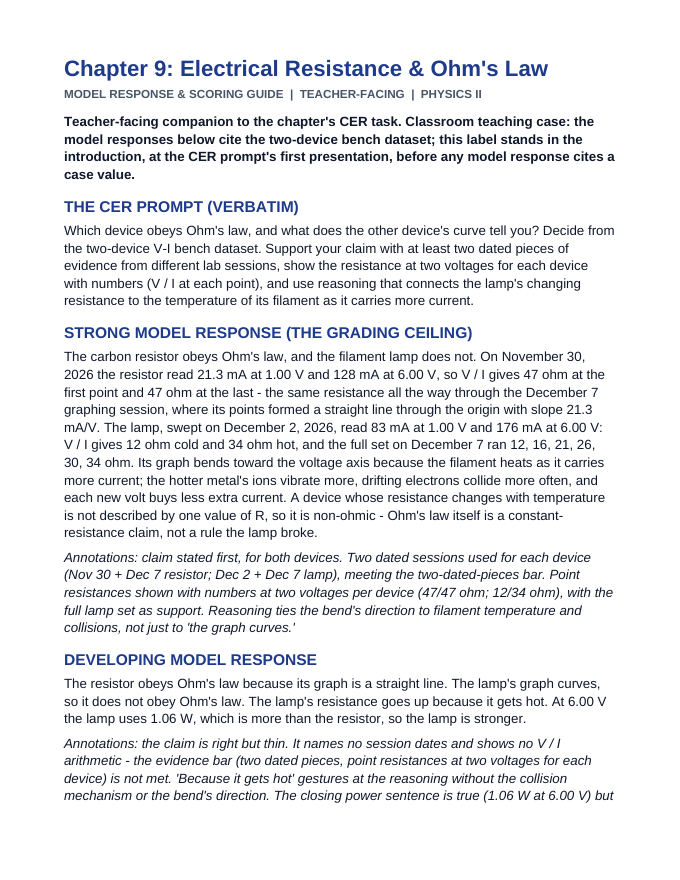 Electrical Resistance & Ohm's Law Model Response & Scoring Guide sample page