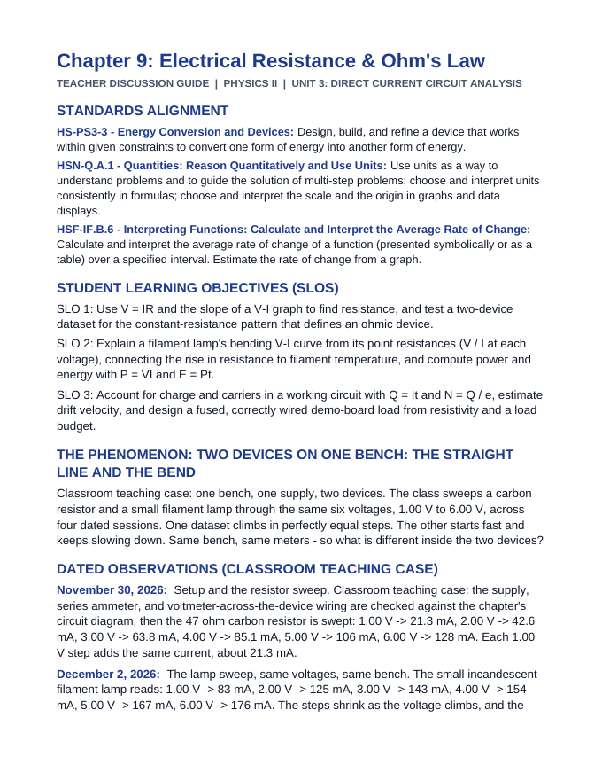 Electrical Resistance & Ohm's Law Phenomena-Based Lesson: Two Devices on One Bench: The Straight Line and the Bend Teacher Discussion Guide sample page