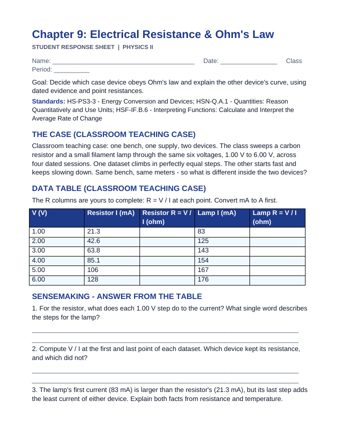 Electrical Resistance & Ohm's Law Phenomena-Based Lesson: Two Devices on One Bench: The Straight Line and the Bend Student Response Sheet sample page