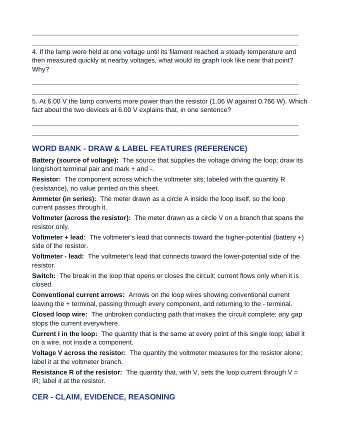 Electrical Resistance & Ohm's Law Phenomena-Based Lesson: Two Devices on One Bench: The Straight Line and the Bend Student Response Sheet sample page