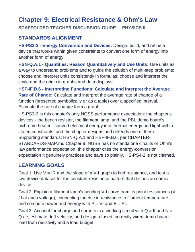 Electrical Resistance & Ohm's Law Scaffolded Phenomena-Based Lesson: Two Devices on One Bench: The Straight Line and the Bend Teacher Discussion Guide sample page