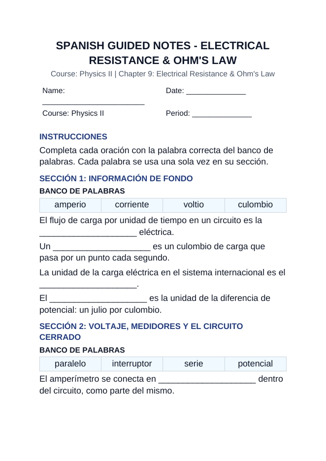 Electrical Resistance & Ohm's Law Spanish Guided Notes sample page