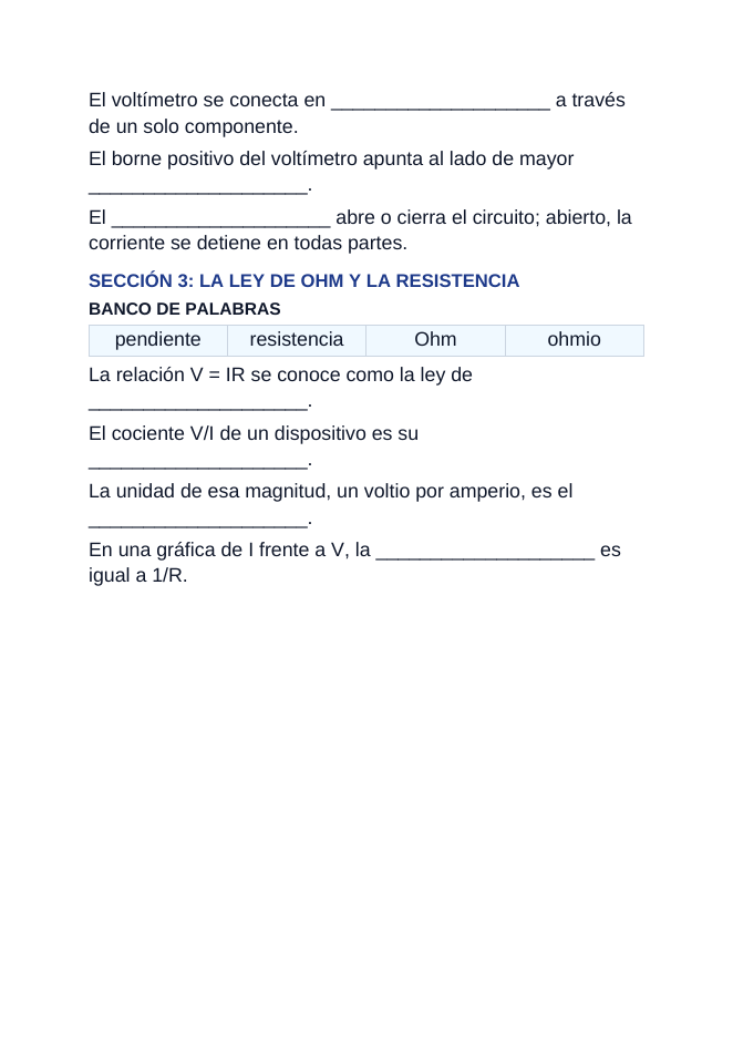 Electrical Resistance & Ohm's Law Spanish Guided Notes sample page
