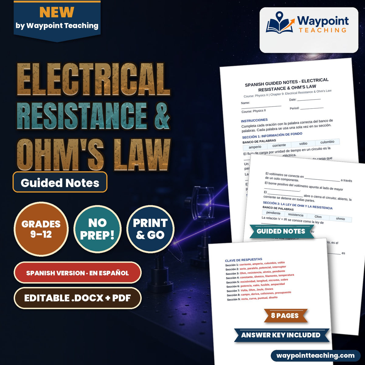 Electrical Resistance & Ohm's Law Spanish Guided Notes cover