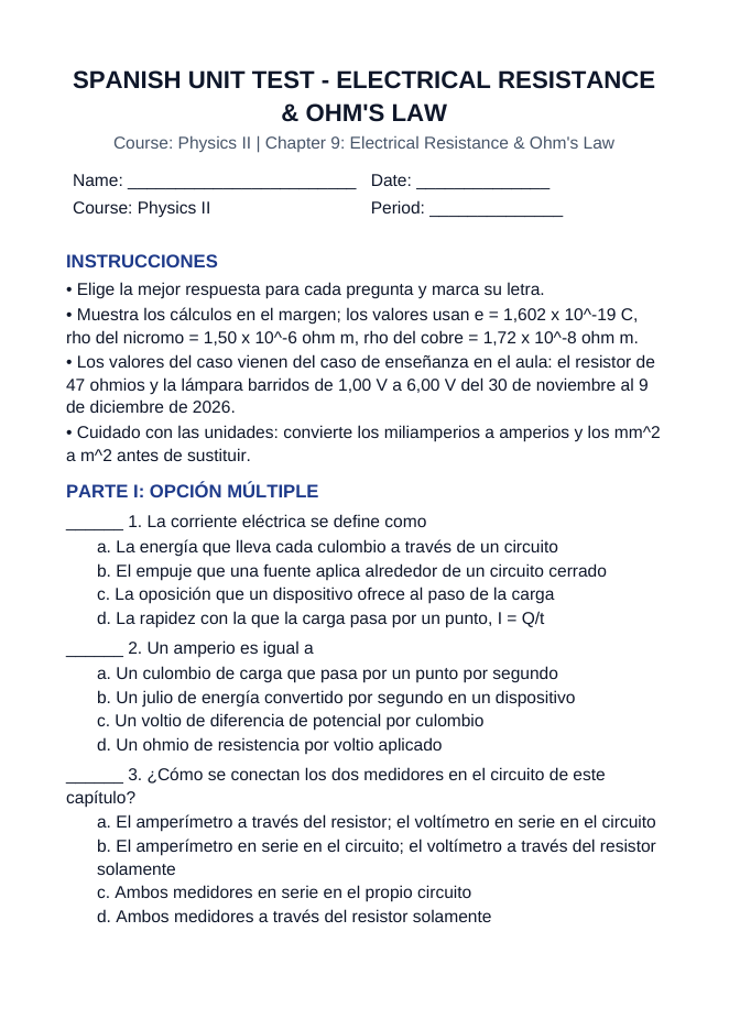 Electrical Resistance & Ohm's Law Spanish Unit Test sample page