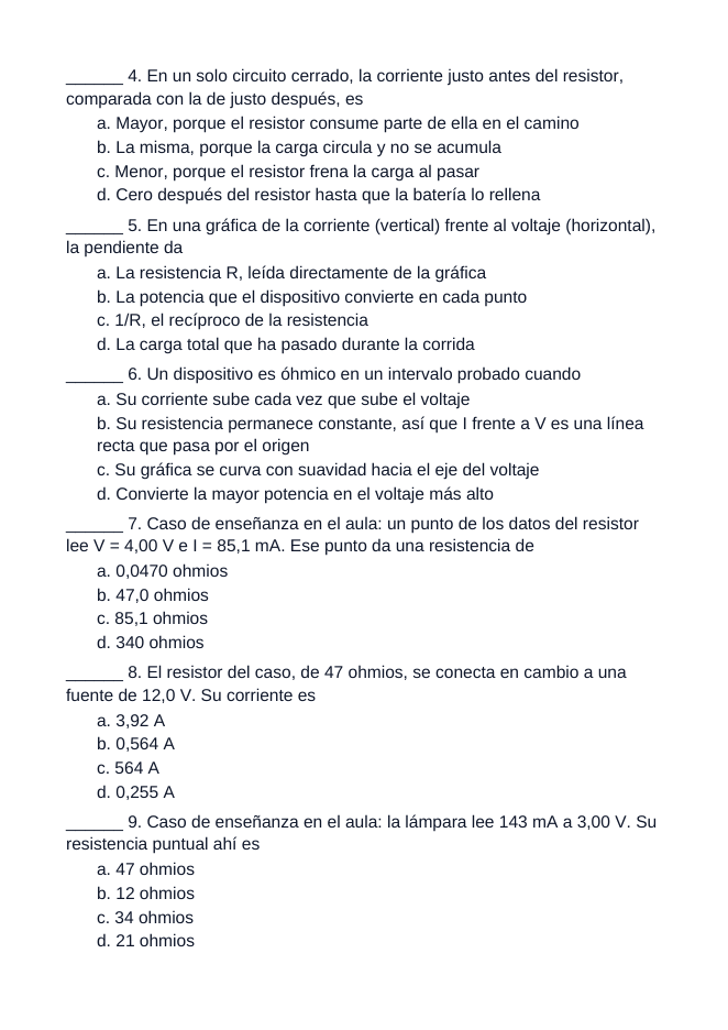 Electrical Resistance & Ohm's Law Spanish Unit Test sample page
