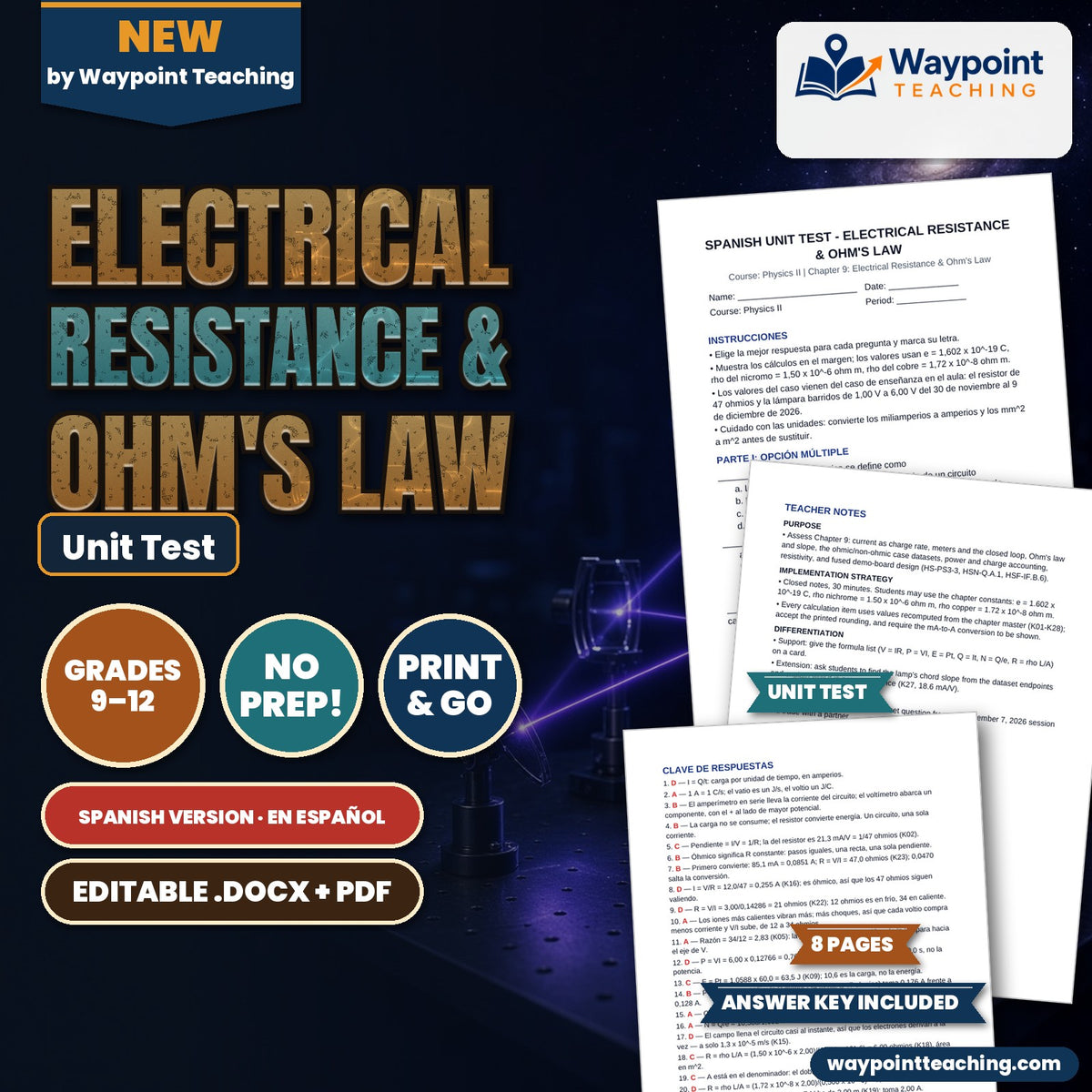 Electrical Resistance & Ohm's Law Spanish Unit Test cover