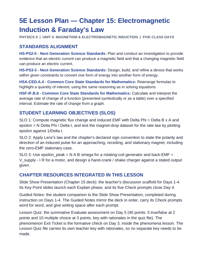 Electromagnetic Induction 5E Lesson Plan sample page