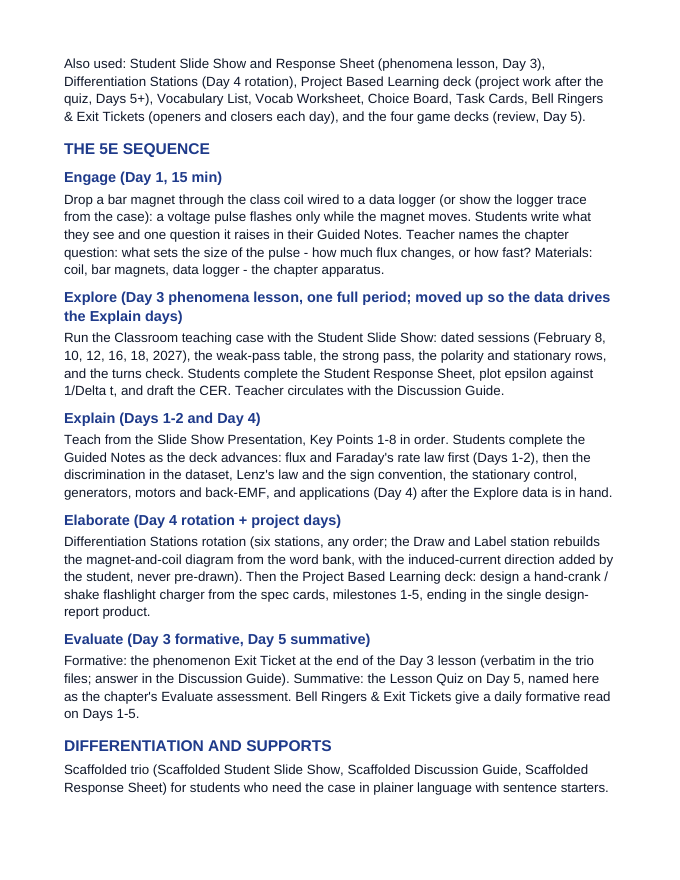 Electromagnetic Induction 5E Lesson Plan sample page