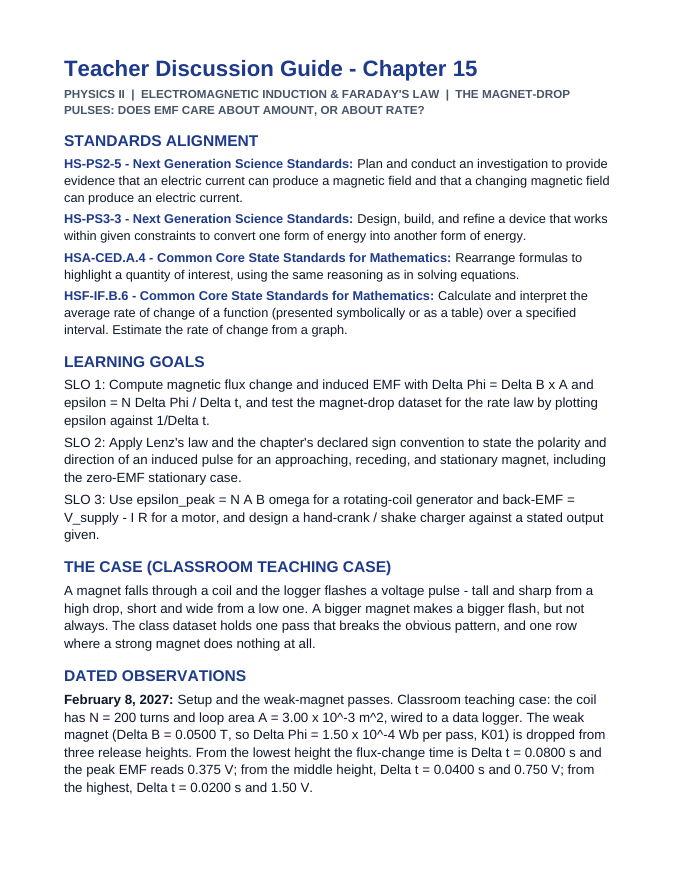 Electromagnetic Induction Phenomena-Based Lesson: The Magnet-Drop Pulses: Does EMF Care About Amount, or About Rate? Teacher Discussion Guide sample page