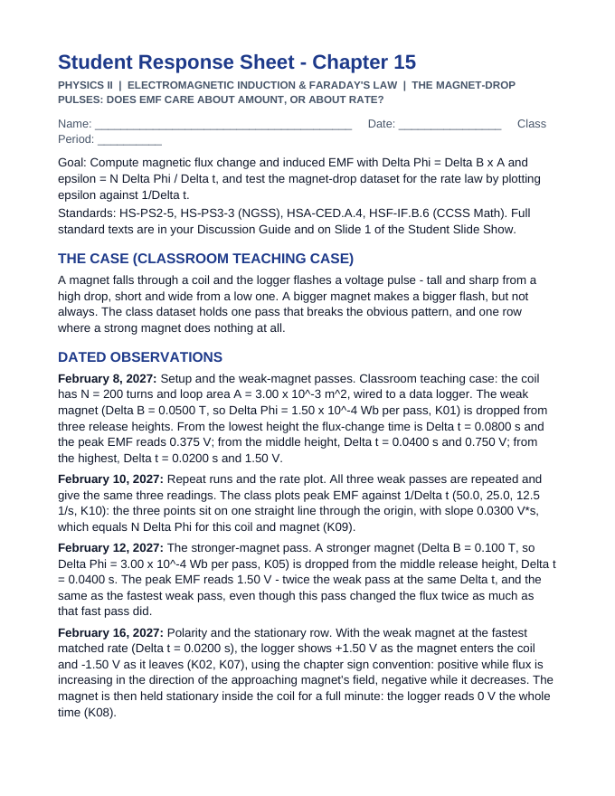Electromagnetic Induction Phenomena-Based Lesson: The Magnet-Drop Pulses: Does EMF Care About Amount, or About Rate? Student Response Sheet sample page
