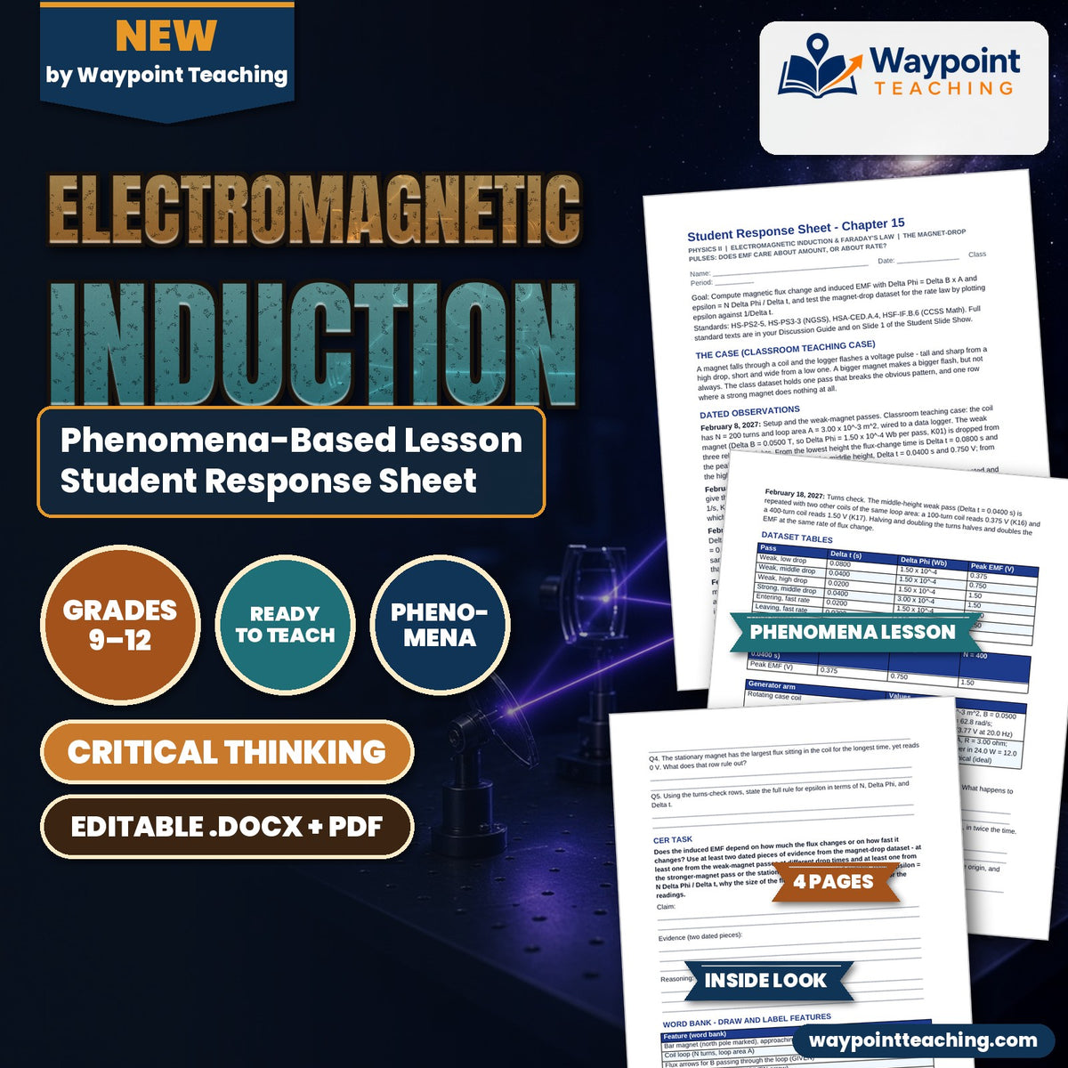 Electromagnetic Induction Phenomena-Based Lesson: The Magnet-Drop Pulses: Does EMF Care About Amount, or About Rate? Student Response Sheet cover