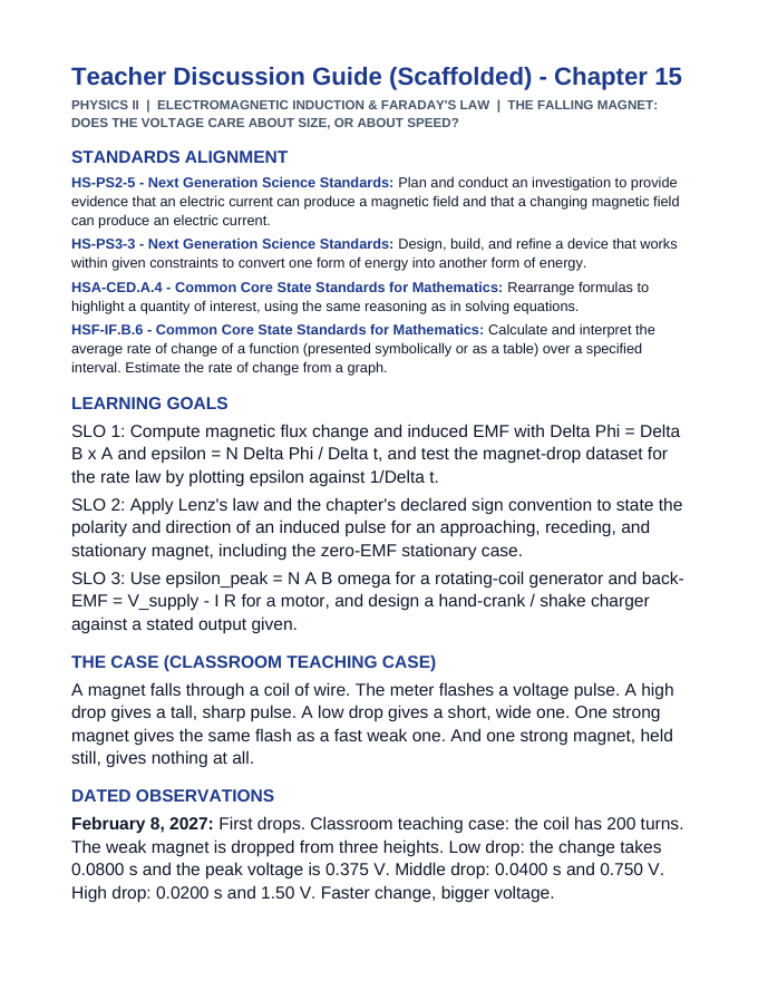 Electromagnetic Induction Scaffolded Phenomena-Based Lesson: The Falling Magnet: Does the Voltage Care About Size, or About Speed? Teacher Discussion Guide sample page