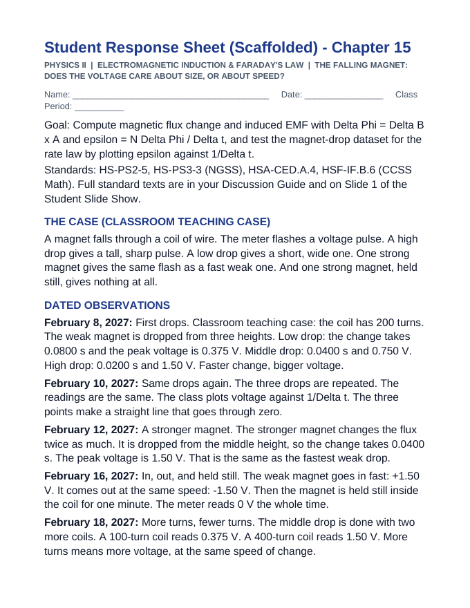 Electromagnetic Induction Scaffolded Phenomena-Based Lesson: The Falling Magnet: Does the Voltage Care About Size, or About Speed? Student Response Sheet sample page