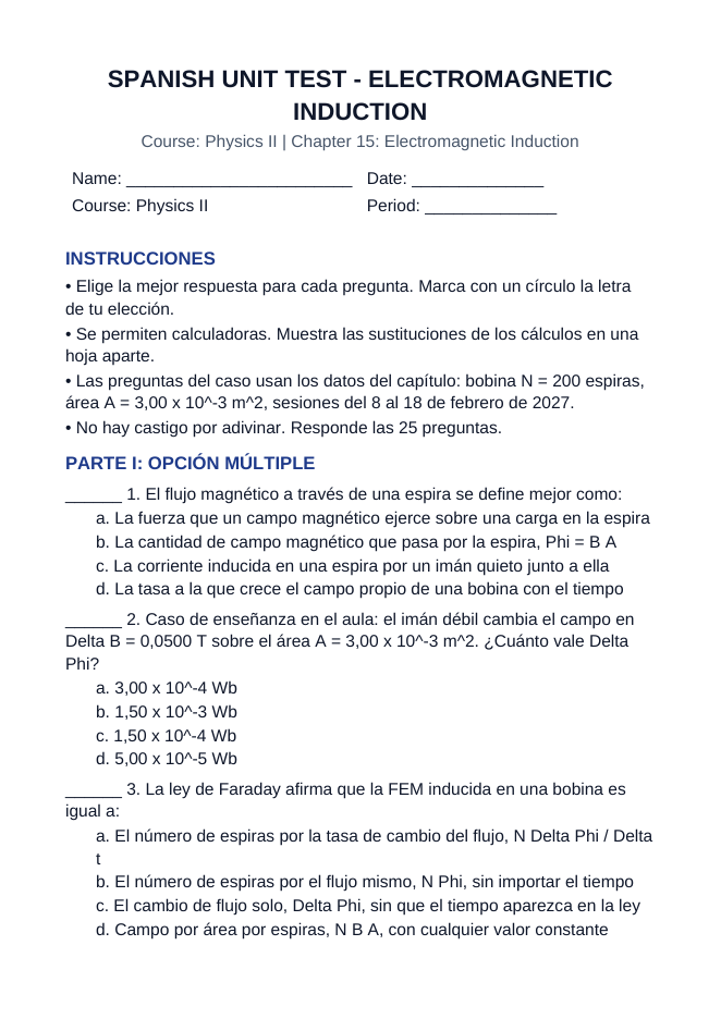 Electromagnetic Induction Spanish Unit Test sample page
