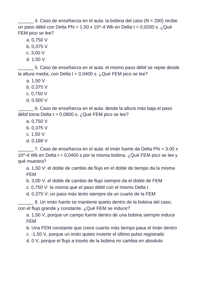 Electromagnetic Induction Spanish Unit Test sample page