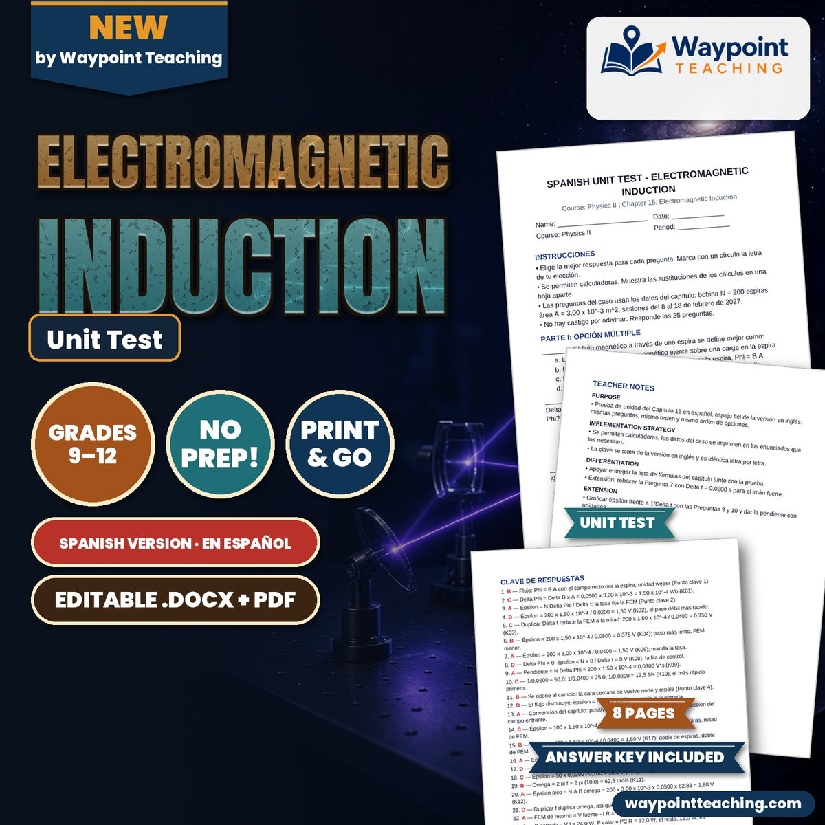 Electromagnetic Induction Spanish Unit Test cover