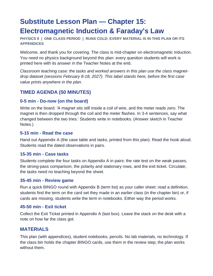 Electromagnetic Induction Substitute Lesson Plan sample page