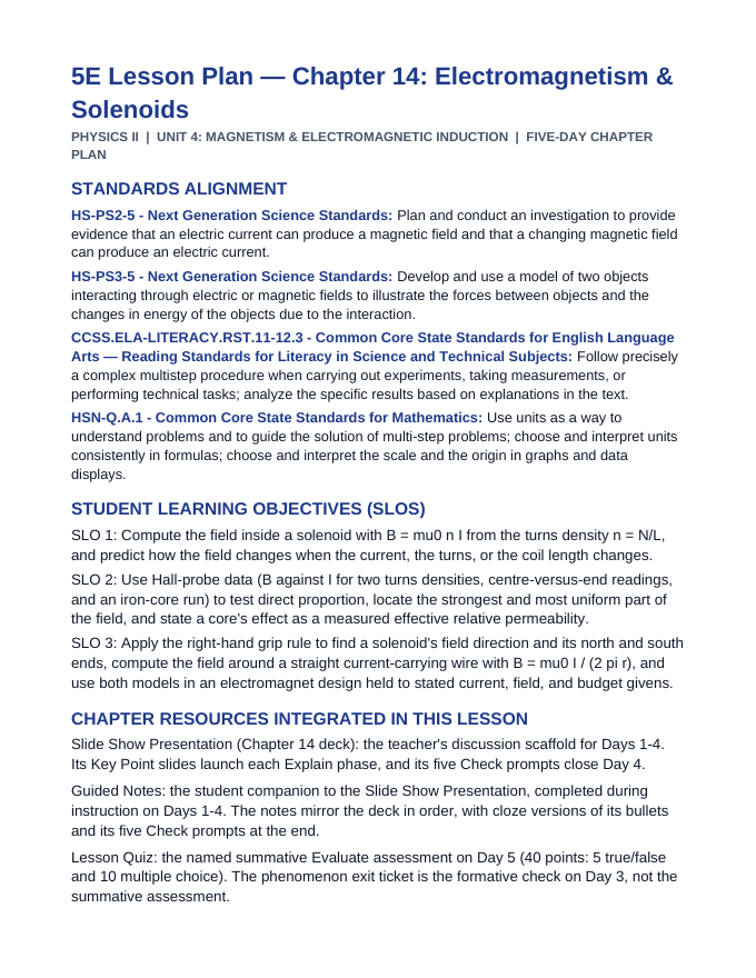 Electromagnetism & Solenoids 5E Lesson Plan sample page
