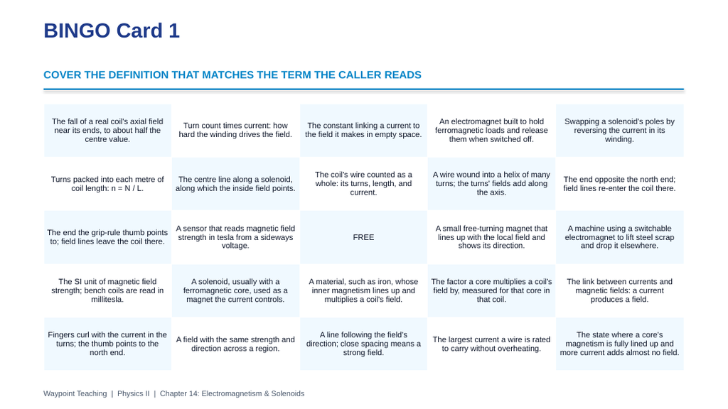 Electromagnetism & Solenoids BINGO Review Game sample page
