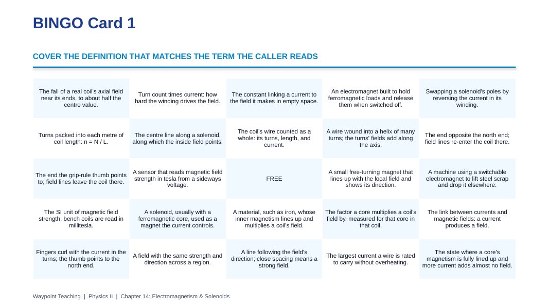 Electromagnetism & Solenoids BINGO Review Game sample page