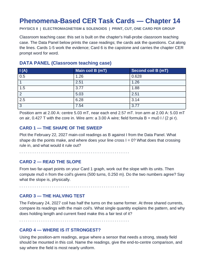 Electromagnetism & Solenoids CER Task Cards sample page