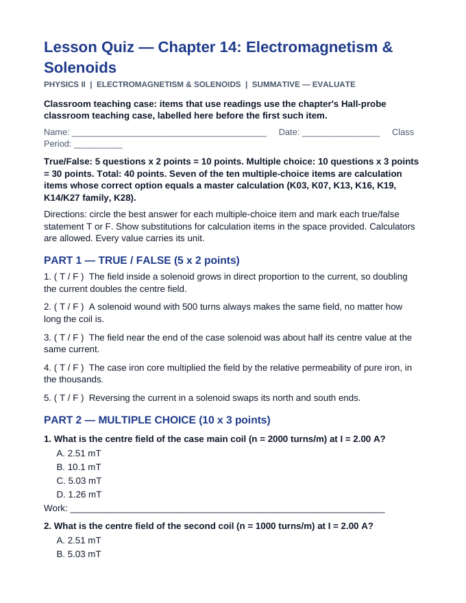 Electromagnetism & Solenoids Lesson Quiz sample page