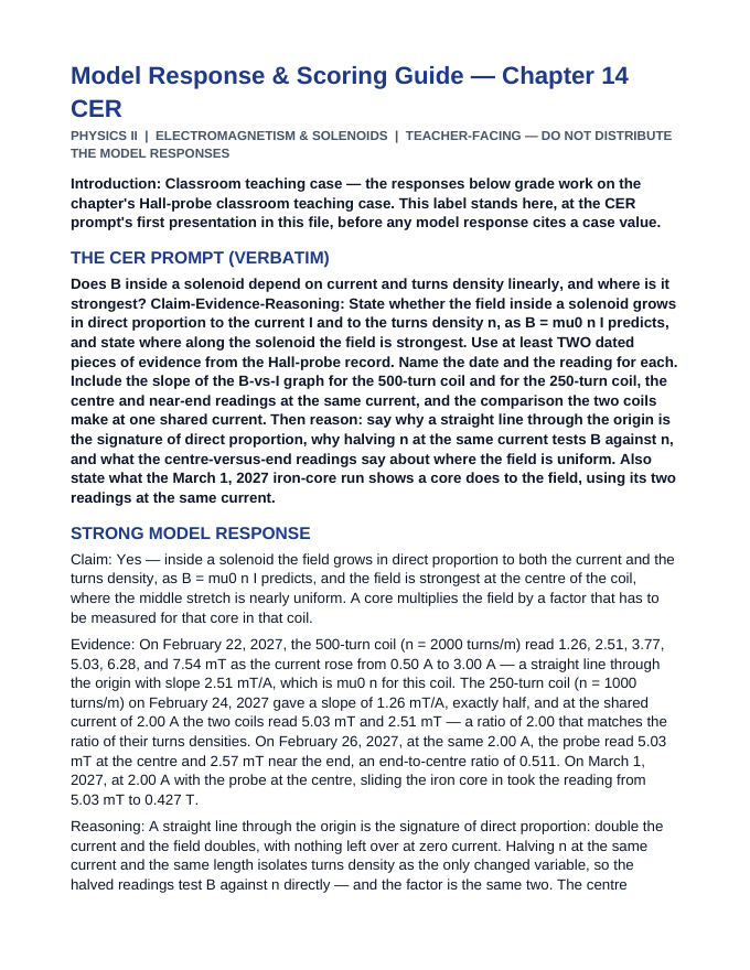 Electromagnetism & Solenoids Model Response & Scoring Guide sample page