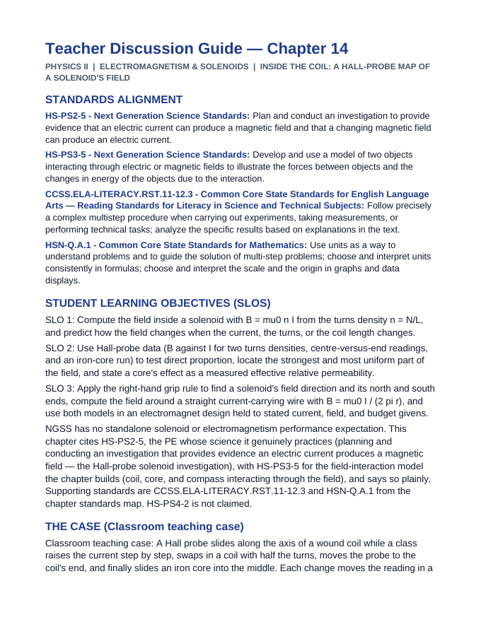 Electromagnetism & Solenoids Phenomena-Based Lesson: Inside the Coil: A Hall-Probe Map of a Solenoid's Field Teacher Discussion Guide sample page