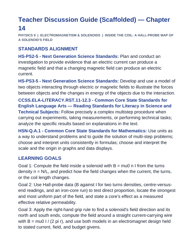 Electromagnetism & Solenoids Scaffolded Phenomena-Based Lesson: Inside the Coil: A Hall-Probe Map of a Solenoid's Field Teacher Discussion Guide sample page