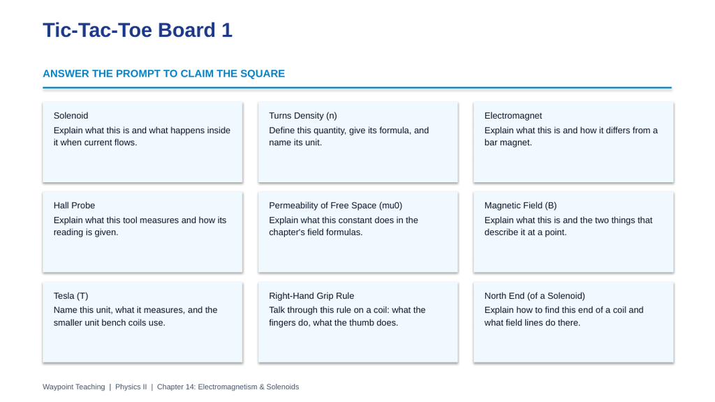 Electromagnetism & Solenoids Tic-Tac-Toe Review Game sample page