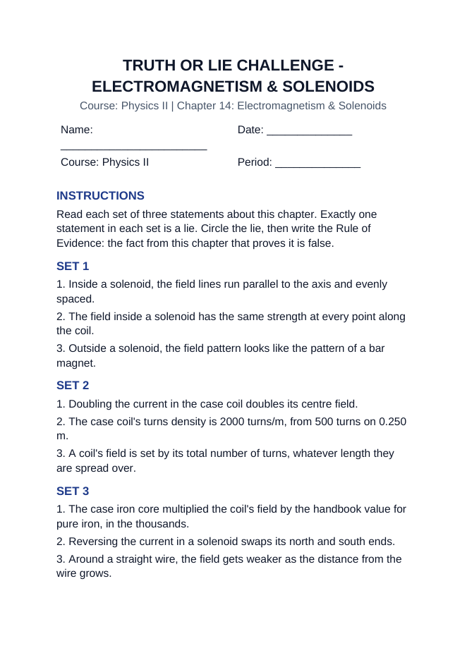 Electromagnetism & Solenoids Truth or Lie Challenge sample page