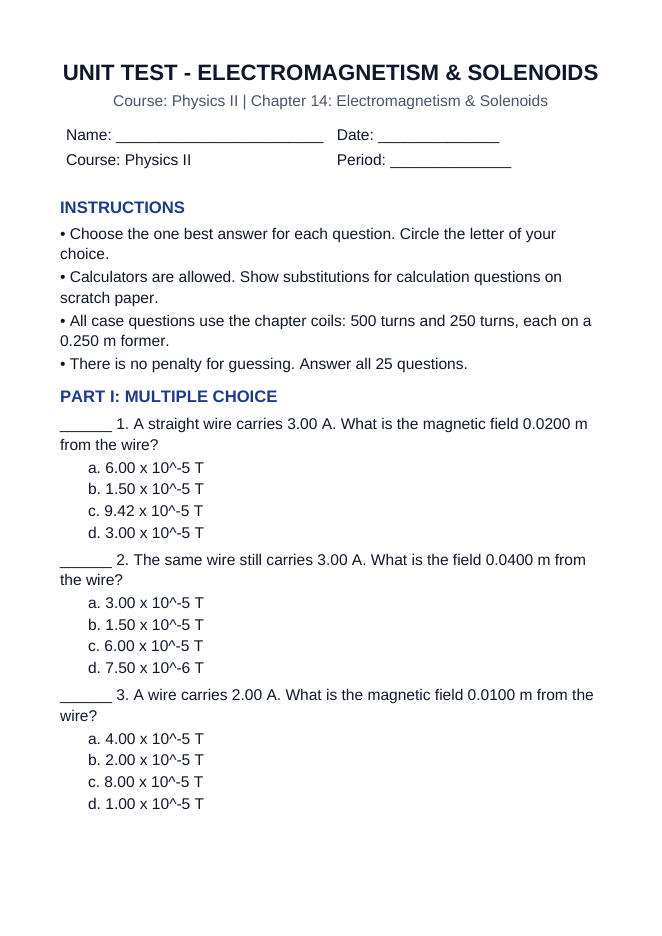 Electromagnetism & Solenoids Unit Test sample page