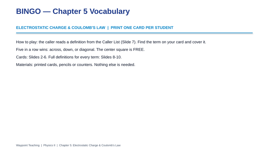 Electrostatic Charge & Coulomb's Law BINGO Review Game sample page