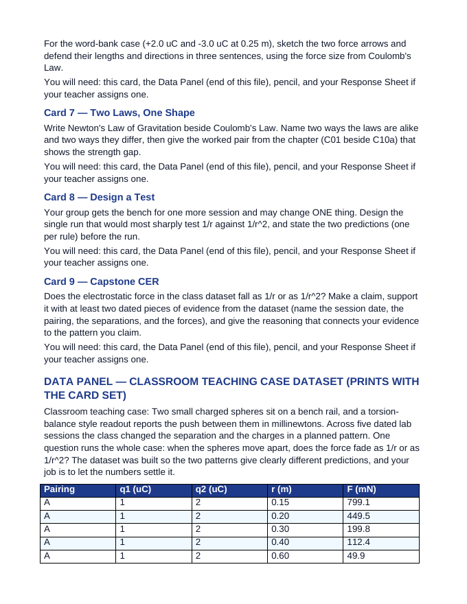 Electrostatic Charge & Coulomb's Law CER Task Cards sample page